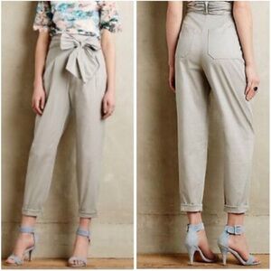 Anthropologie Gray Cropped Ankle Pants with Tie-Waist